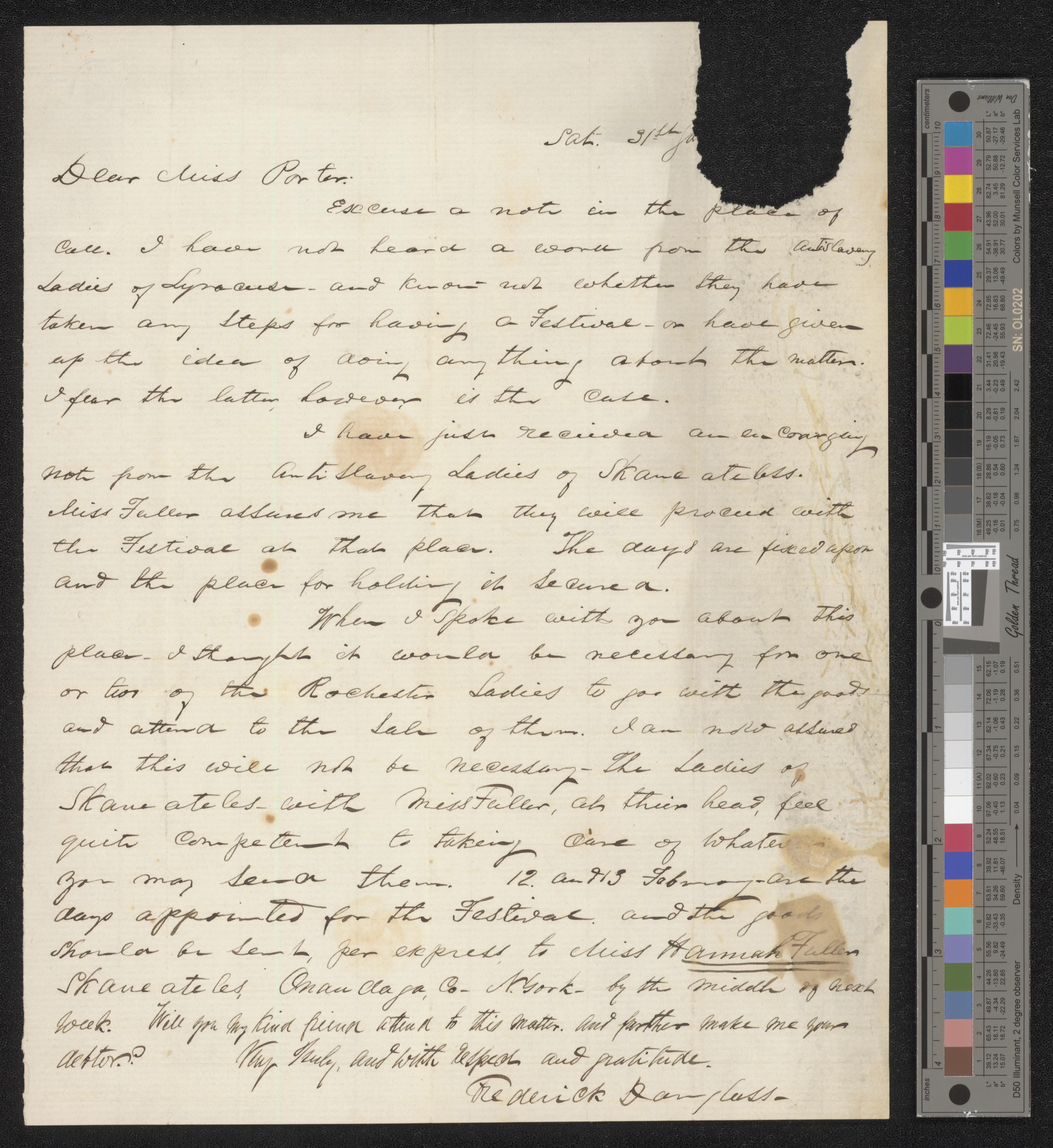 Frederick Douglass ALS to [Maria G.] Porter, Undated (January 31 ...
